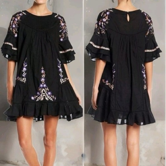 Free People Dresses & Skirts - Free People Embroidered Boho Mini Dress Black Floral Cotton Peasant Size Small